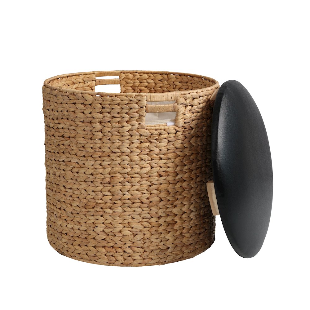 18" Modern Coastal Hand-Woven Hyacinth Storage Ottoman with Lid, Natural/Black. Picture 1
