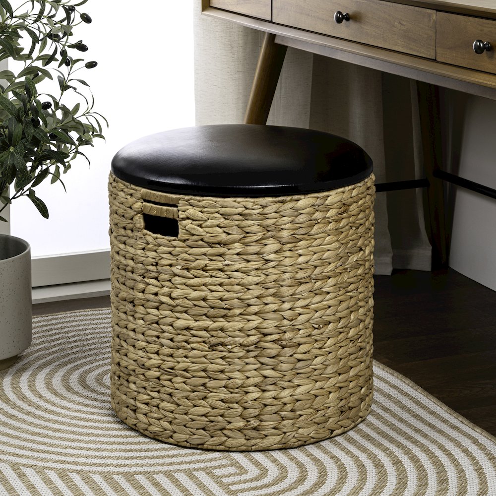 18" Modern Coastal Hand-Woven Hyacinth Storage Ottoman with Lid, Natural/Black. Picture 2