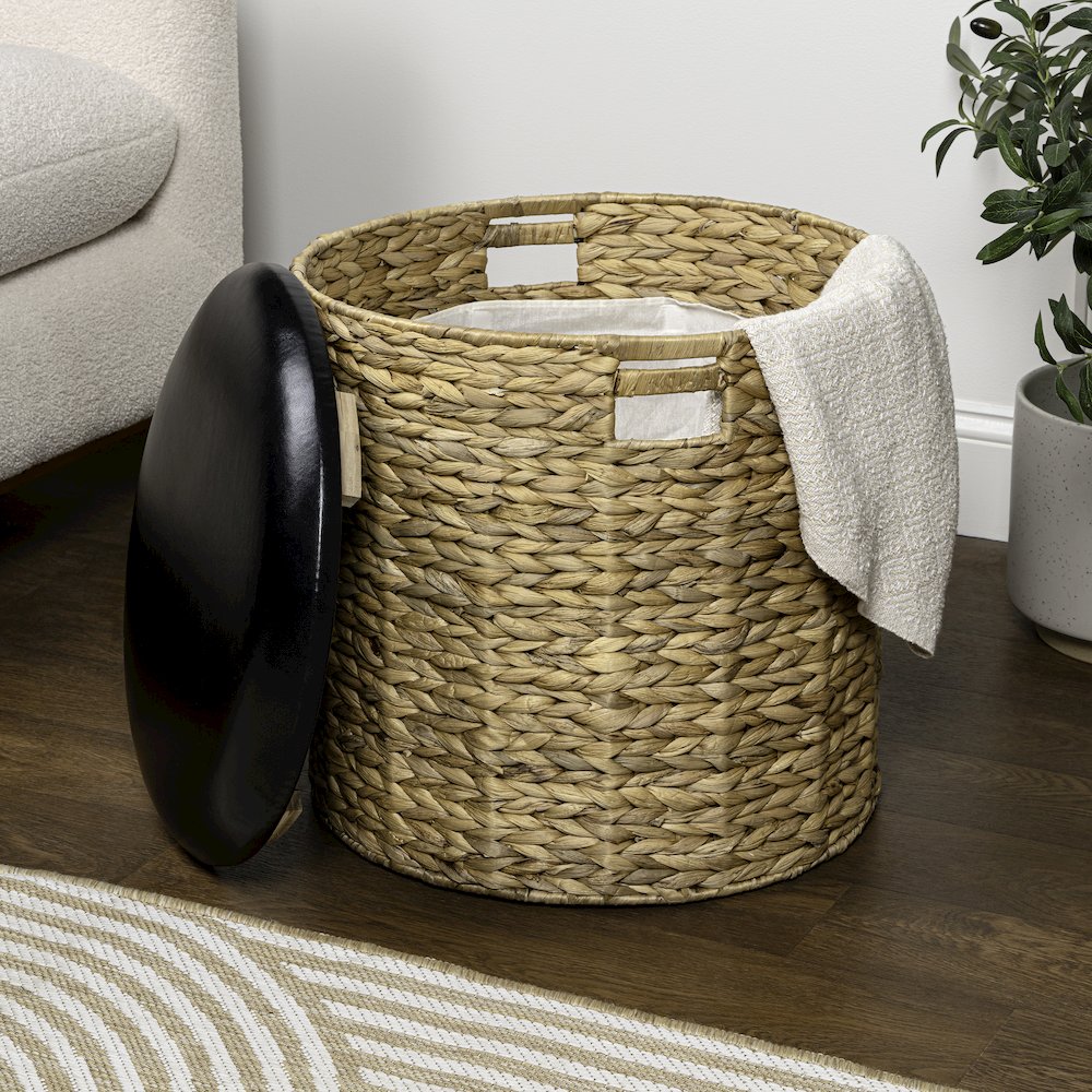 18" Modern Coastal Hand-Woven Hyacinth Storage Ottoman with Lid, Natural/Black. Picture 3