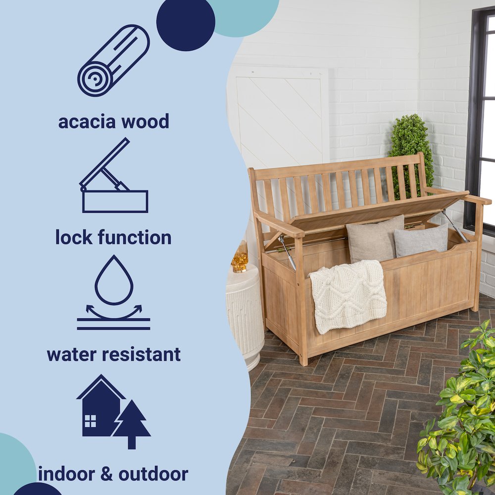 Sophie Traditional Farmhouse Lift-Top Acacia Wood Storage & Entry Bench. Picture 4