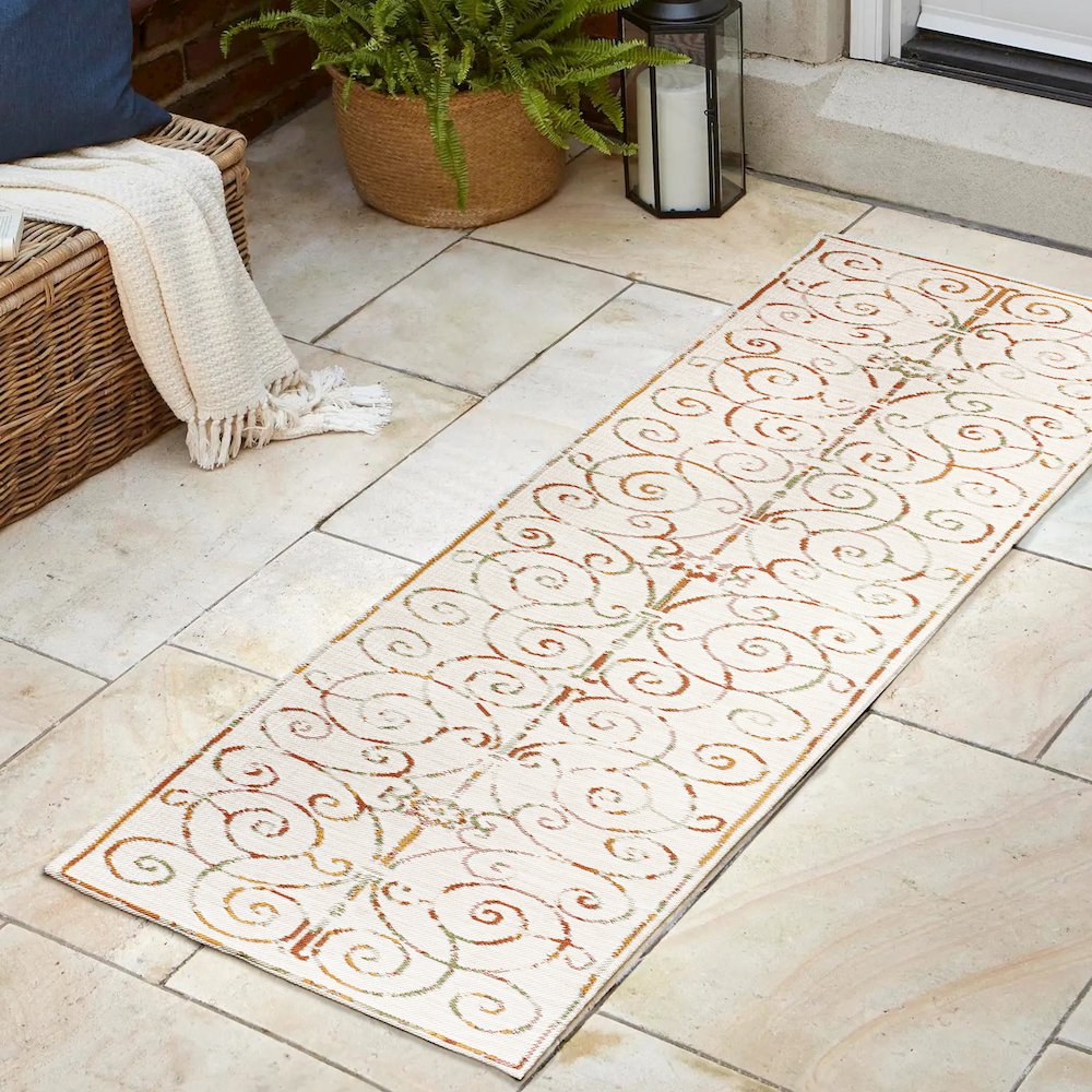 Cottage Filigree Scroll Reversible Machine-Washable Indoor/Outdoor Runner Rug. Picture 2
