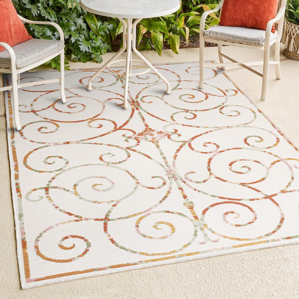 Cottage Filigree Scroll Reversible Machine-Washable Indoor/Outdoor Runner Rug. Picture 4