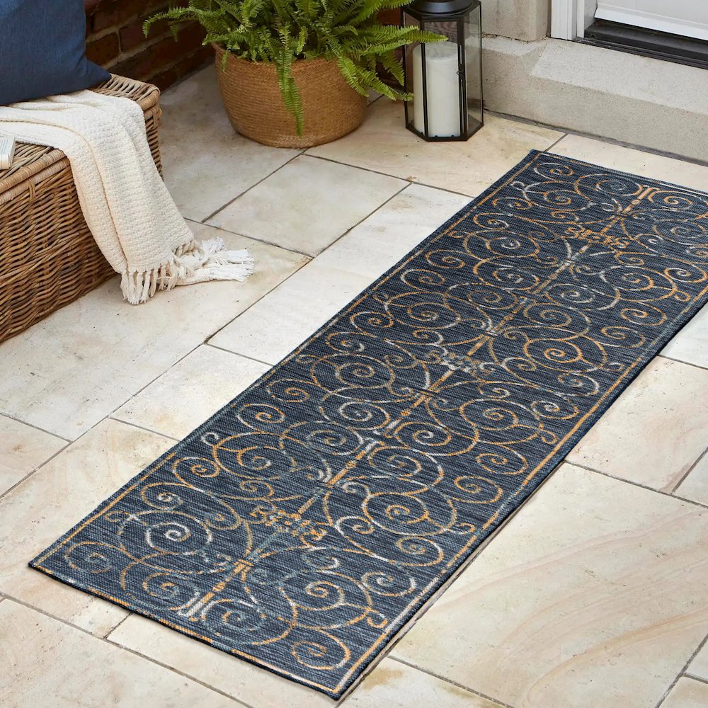 Cottage Filigree Scroll Reversible Machine-Washable Indoor/Outdoor Runner Rug. Picture 3