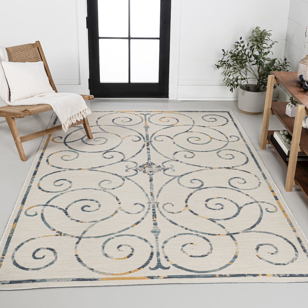 Cottage Filigree Scroll Reversible Machine-Washable Indoor/Outdoor Runner Rug. Picture 2