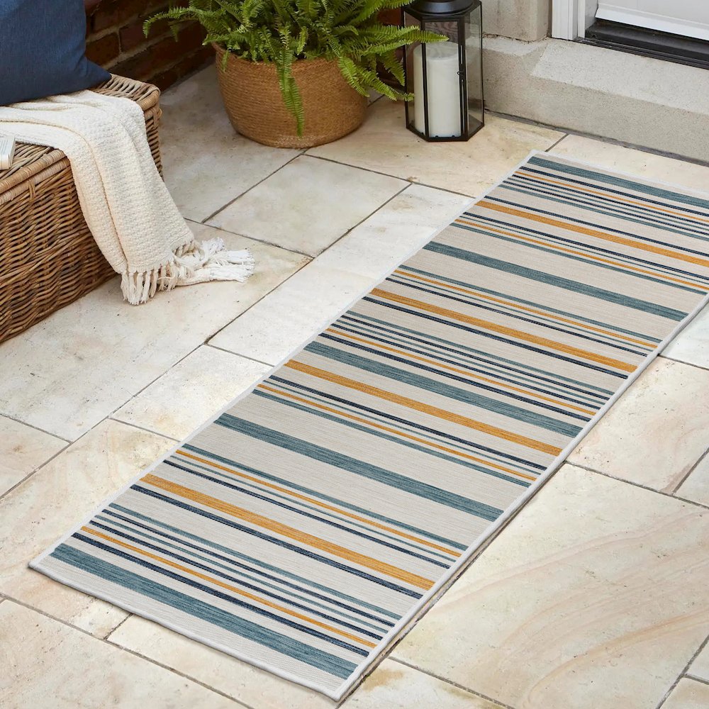 Coastal Ticking Stripe Reversible Machine-Washable Indoor/Outdoor Runner Rug. Picture 2