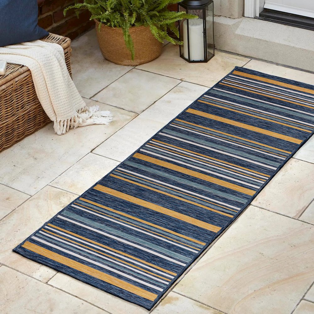 Coastal Ticking Stripe Reversible Machine-Washable Indoor/Outdoor Runner Rug. Picture 3