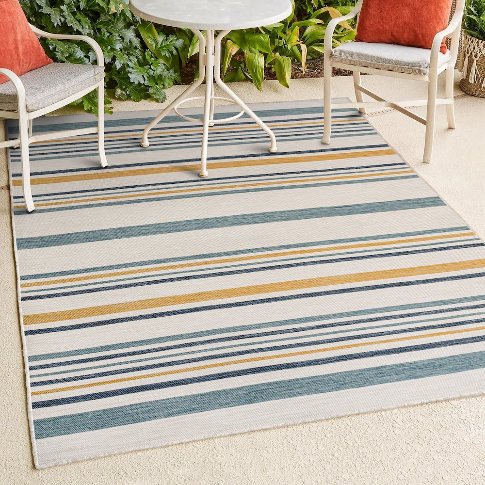 Coastal Ticking Stripe Reversible Machine-Washable Indoor/Outdoor Runner Rug. Picture 4