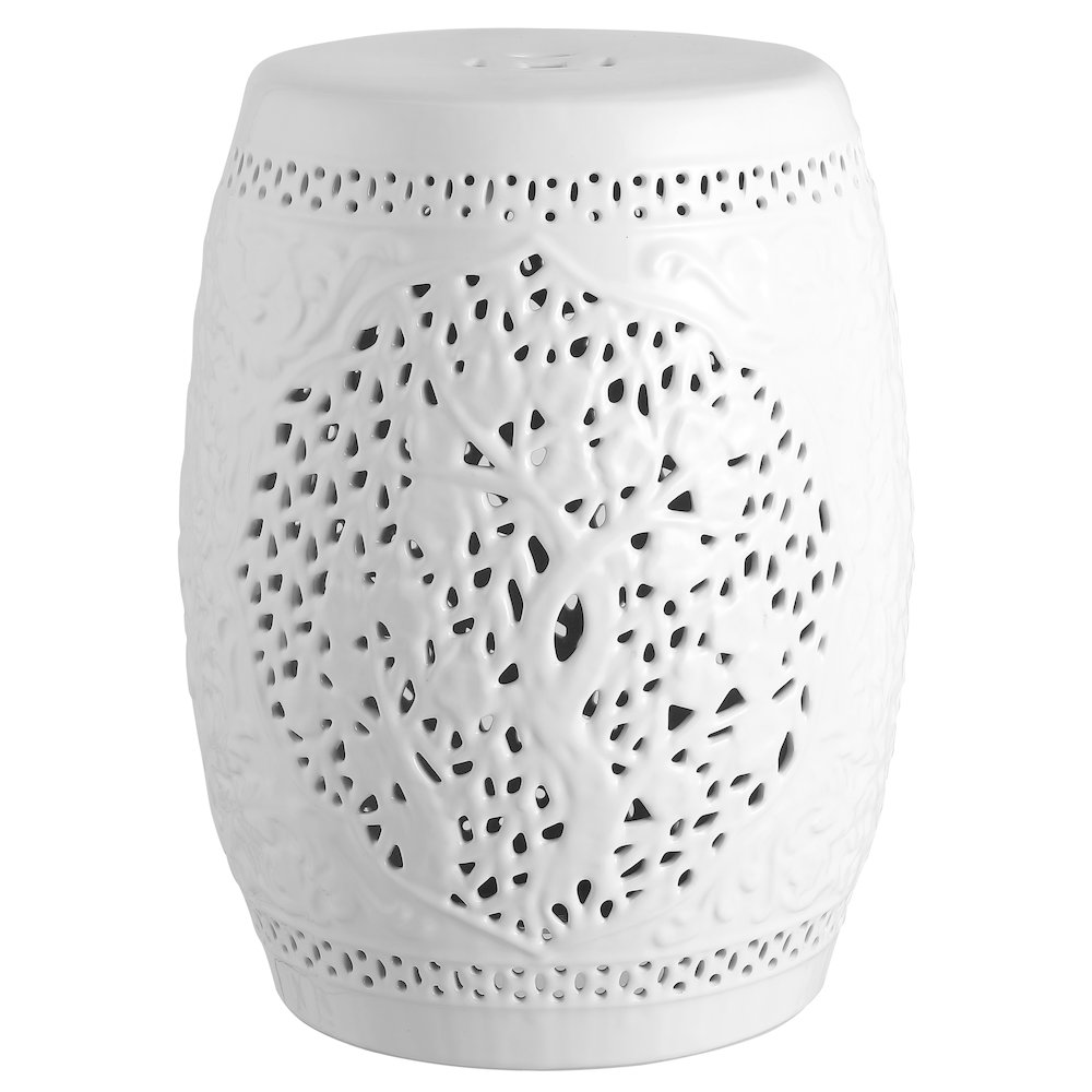 Tree of Life 18" Traditional White Floral Chinoiserie Ceramic Drum Garden Stool. Picture 3