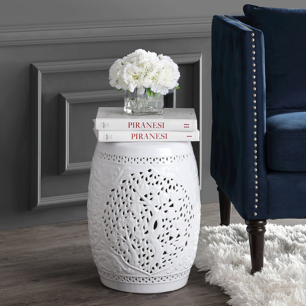 Tree of Life 18" Traditional White Floral Chinoiserie Ceramic Drum Garden Stool. Picture 1