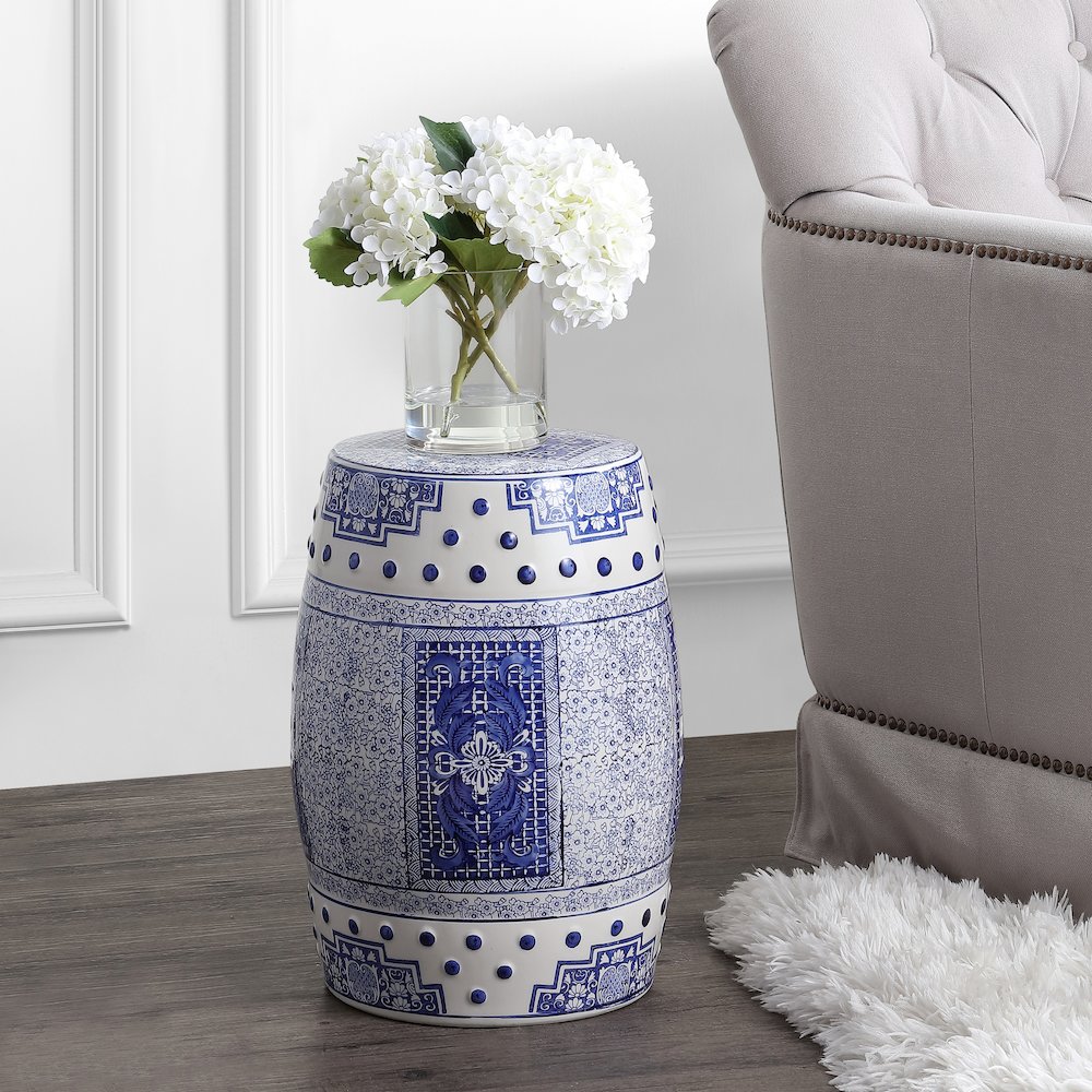 Acanthus Chinoiserie Ceramic Drum Garden Stool. Picture 1