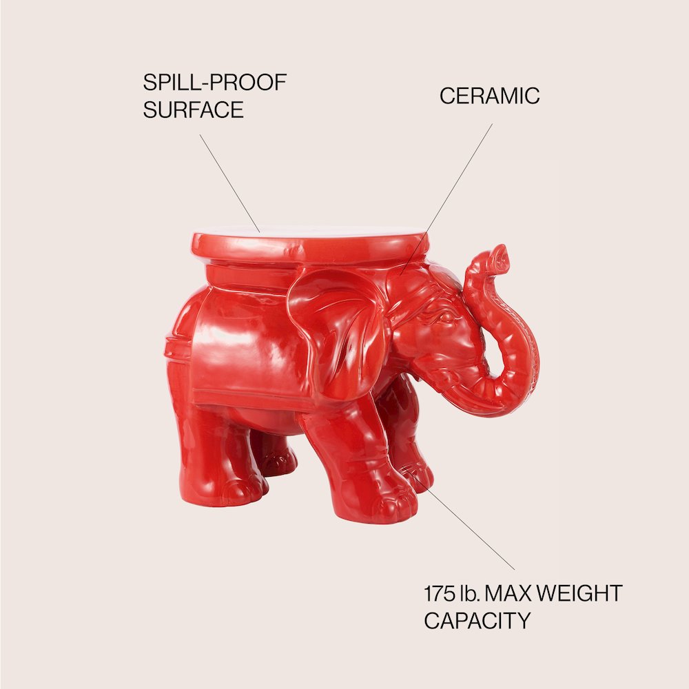 White Elephant 14.25" Bohemian Glazed Red Ceramic Elephant Garden Stool. Picture 4