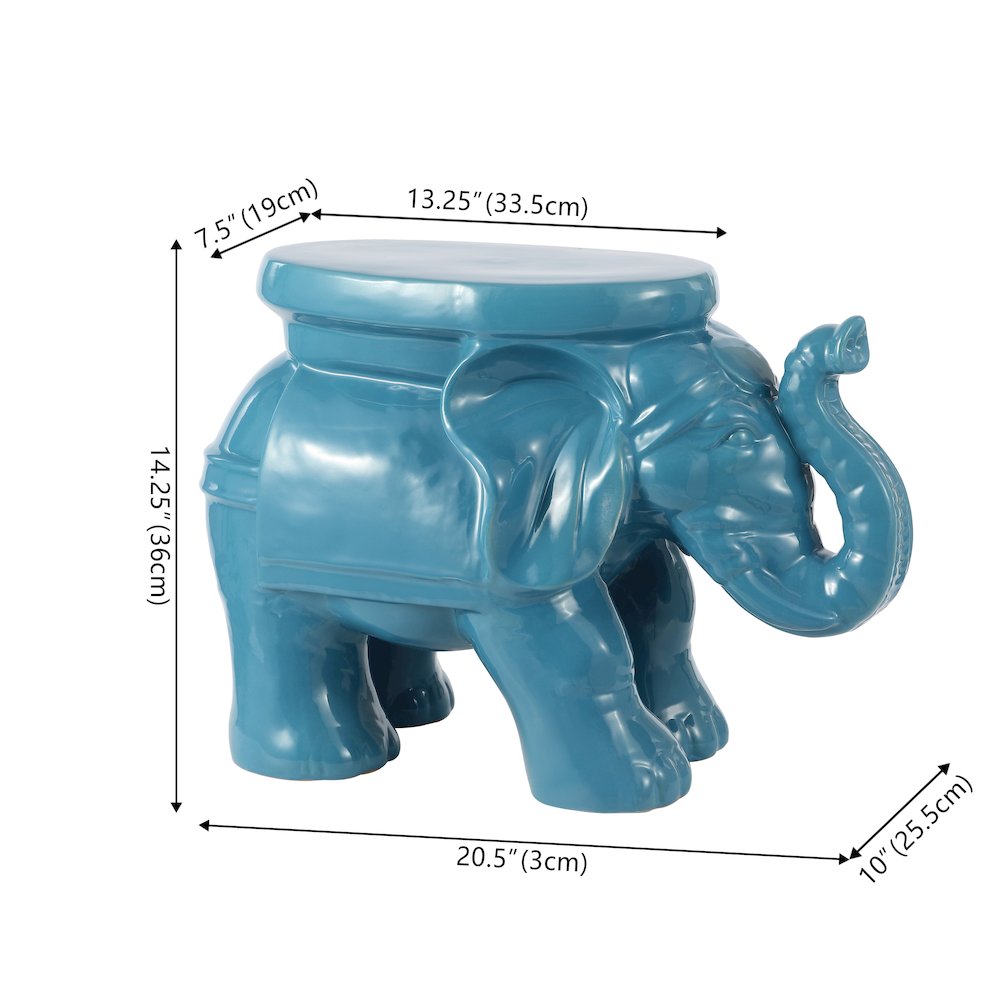 White Elephant 14.25" Bohemian Glazed Blue Ceramic Elephant Garden Stool. Picture 3