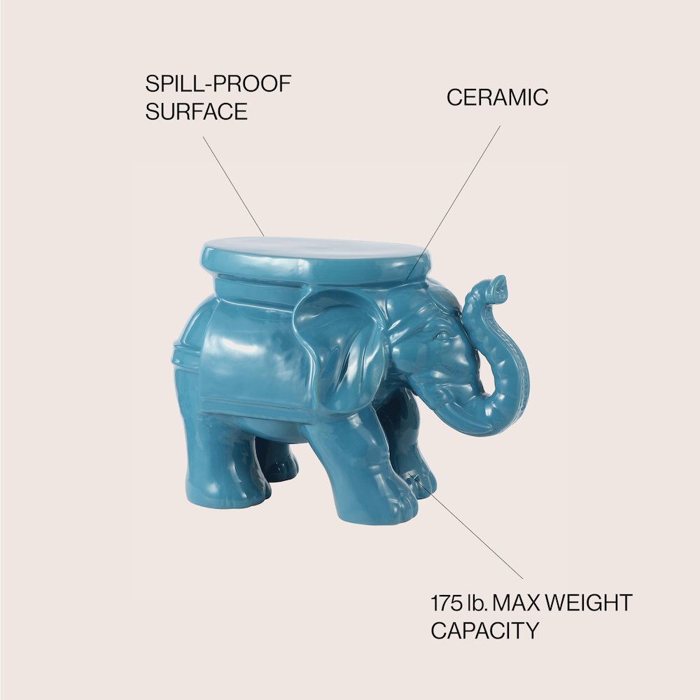 White Elephant 14.25" Bohemian Glazed Blue Ceramic Elephant Garden Stool. Picture 4