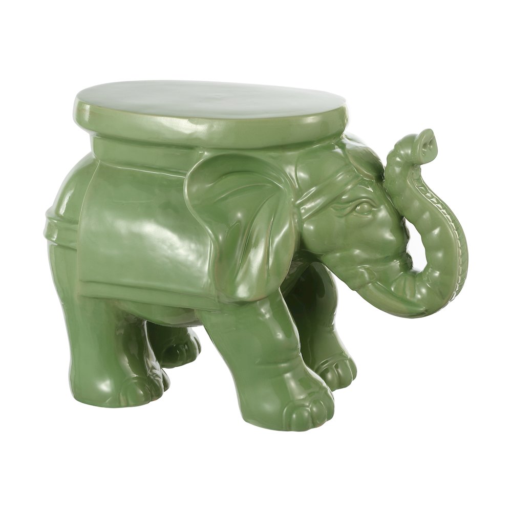 White Elephant 14.25" Bohemian Glazed Green Ceramic Elephant Garden Stool. Picture 1