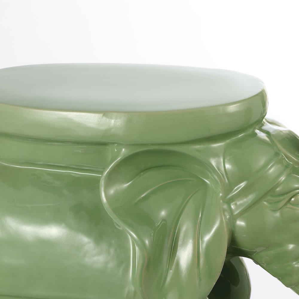 White Elephant 14.25" Bohemian Glazed Green Ceramic Elephant Garden Stool. Picture 2