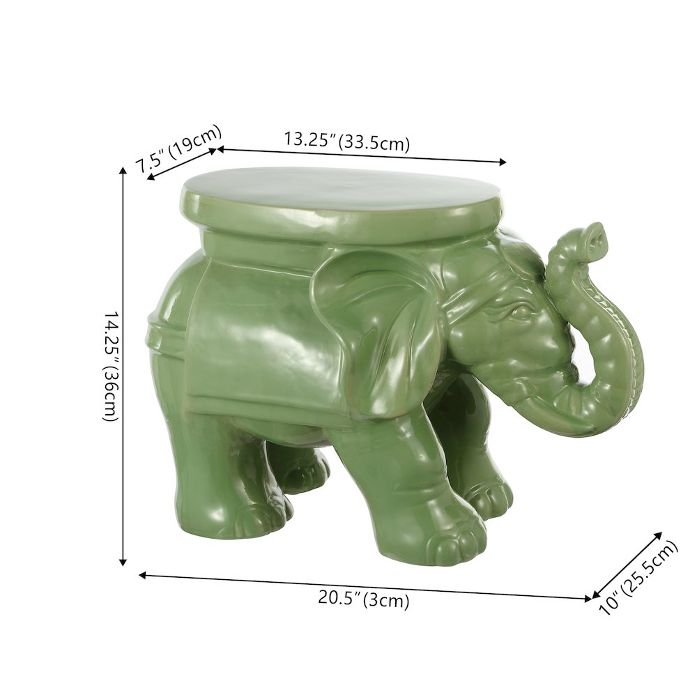 White Elephant 14.25" Bohemian Glazed Green Ceramic Elephant Garden Stool. Picture 3