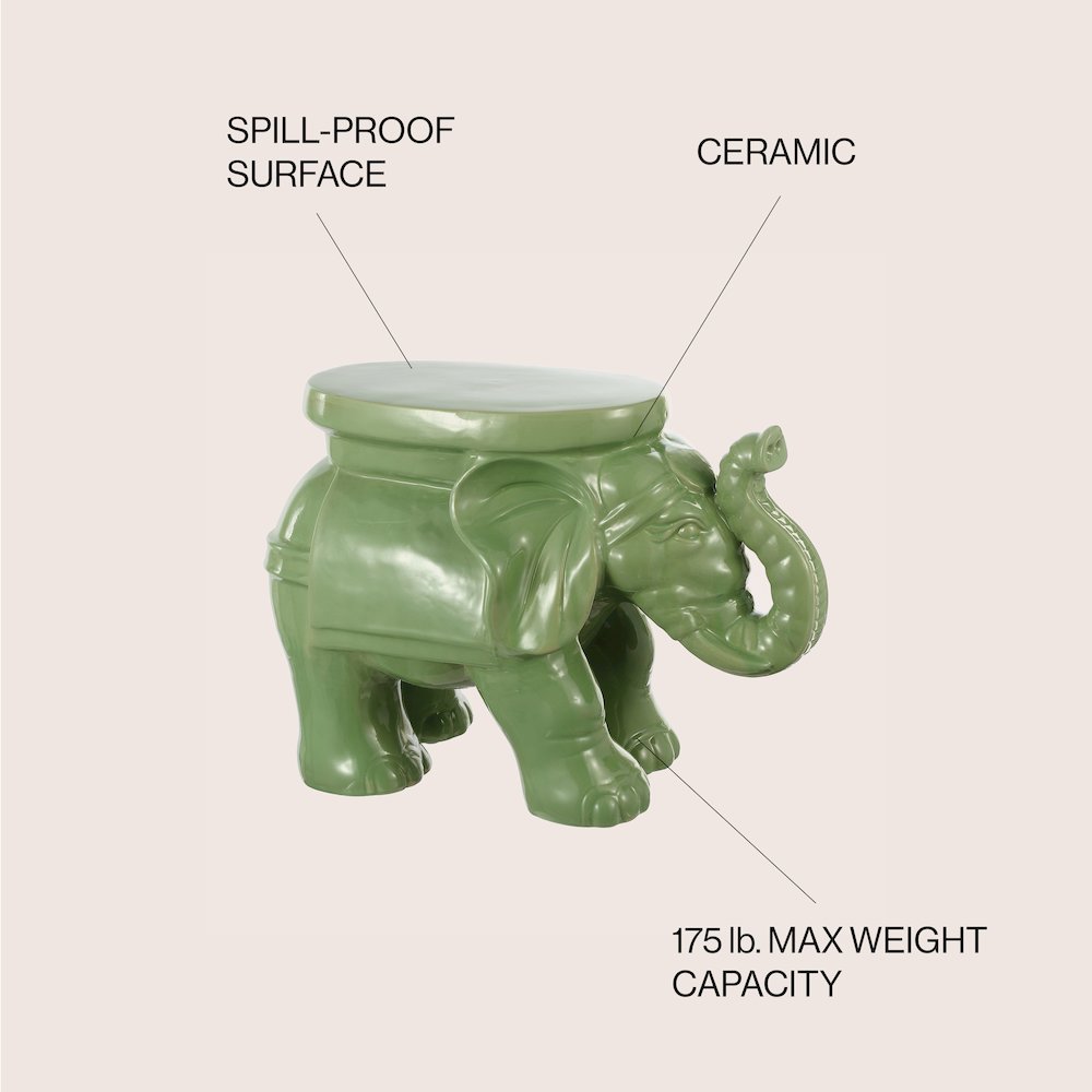 White Elephant 14.25" Bohemian Glazed Green Ceramic Elephant Garden Stool. Picture 4
