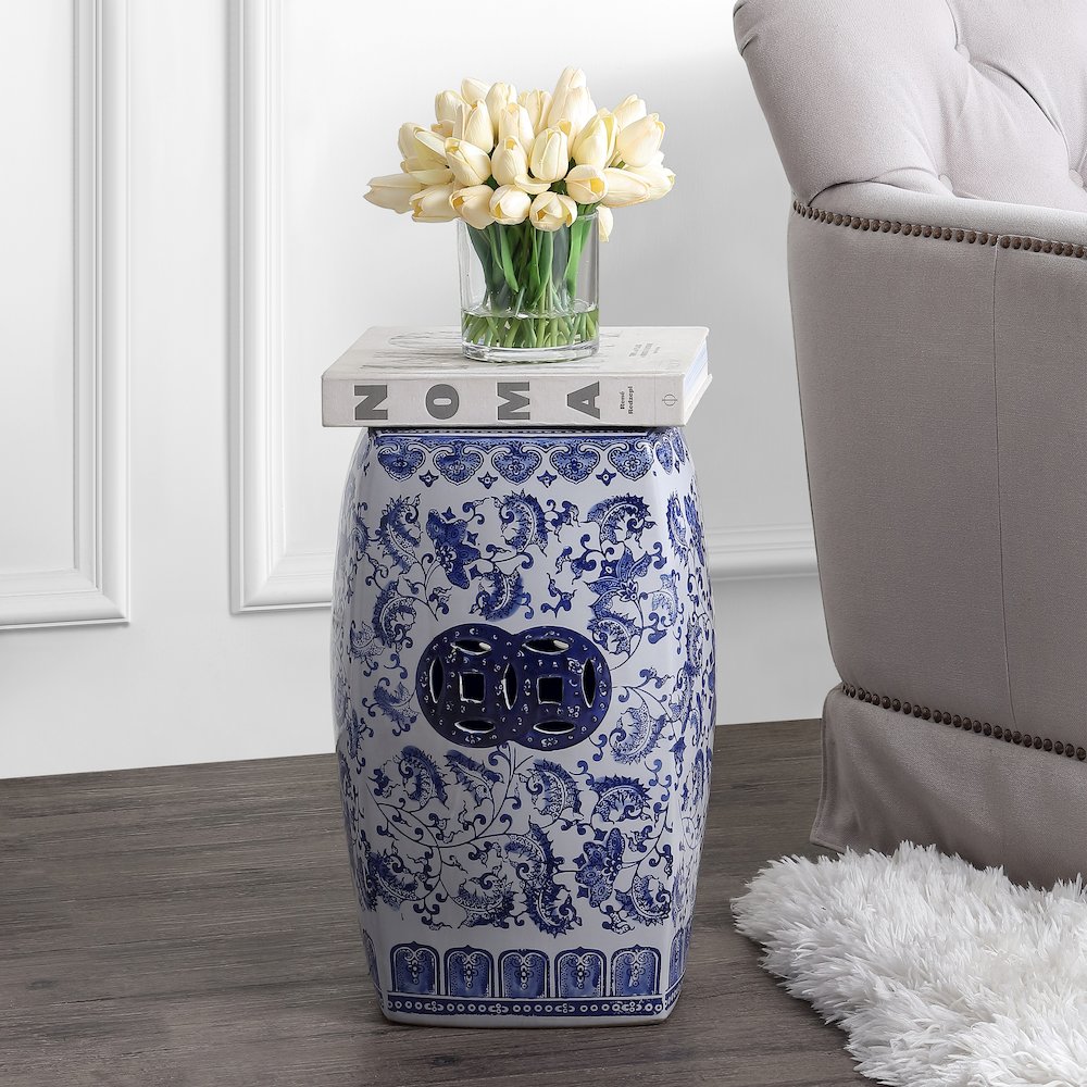 Floral Vine Chinoiserie Ceramice Square Garden Stool. Picture 1