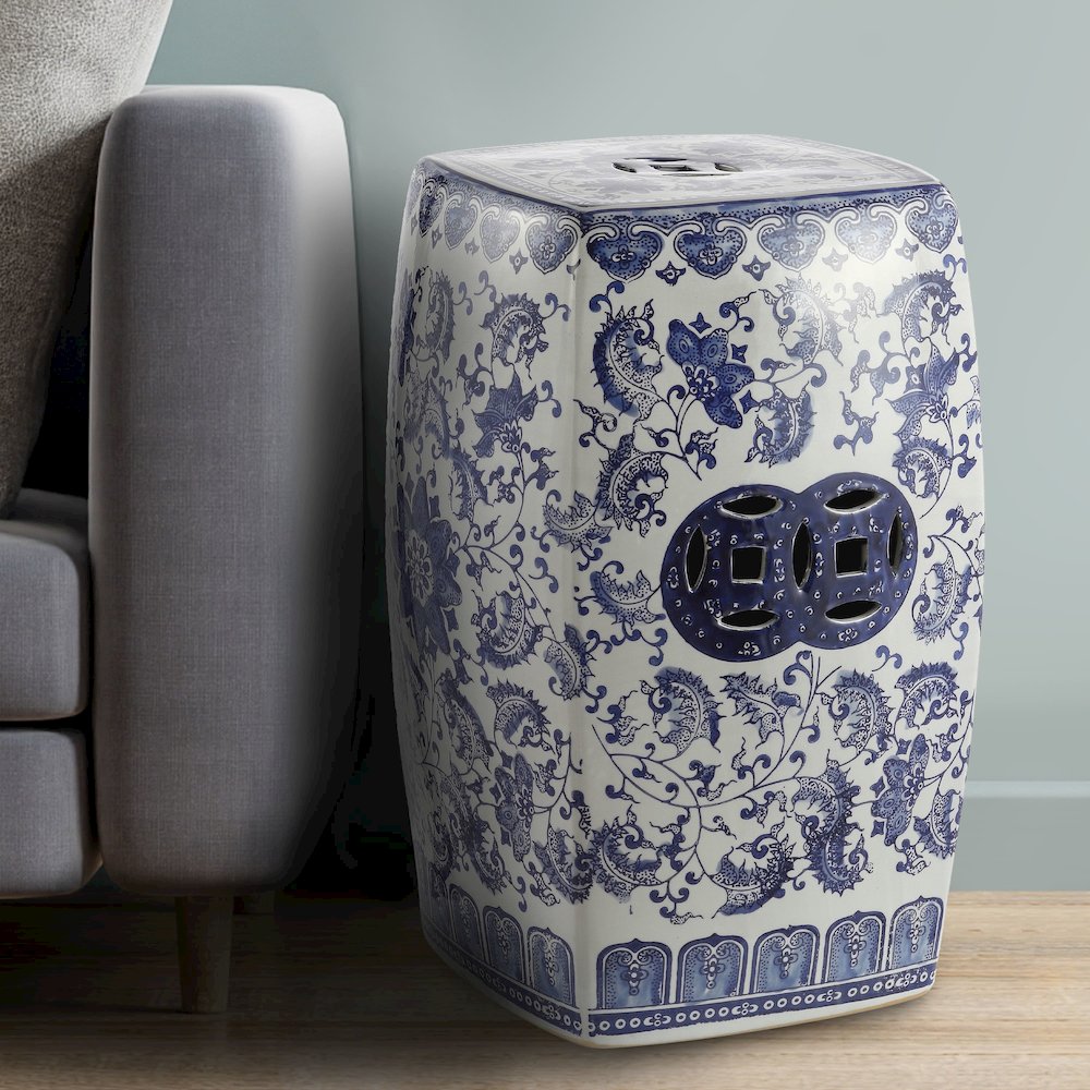 Floral Vine Chinoiserie Ceramice Square Garden Stool. Picture 2