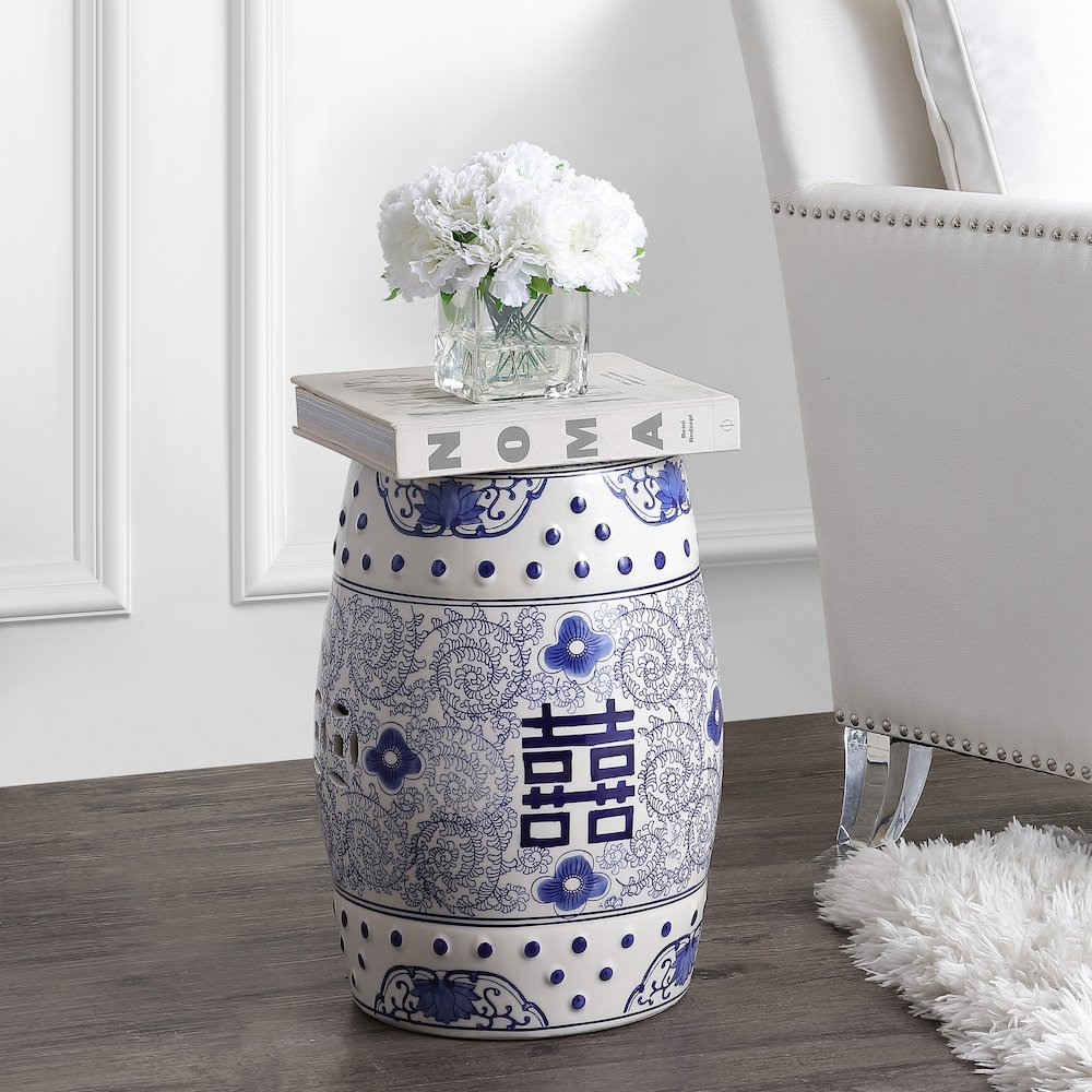 Double Happiness Chinoiserie Ceramic Drum Garden Stool. Picture 1