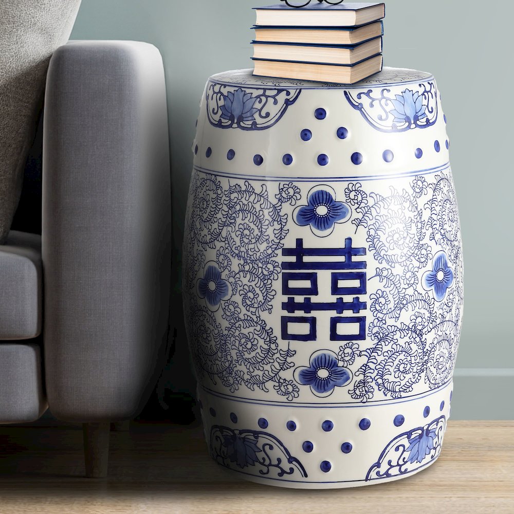 Double Happiness Chinoiserie Ceramic Drum Garden Stool. Picture 2