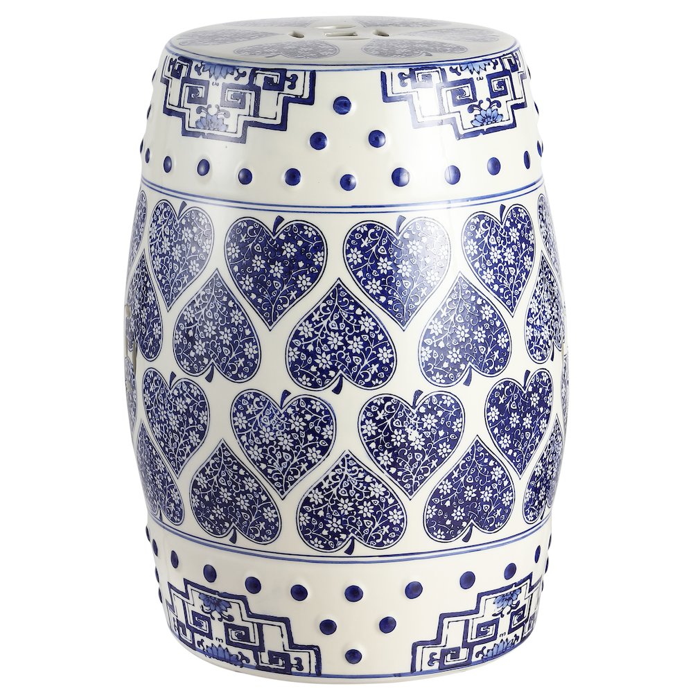 Happy Hearts 17.75" Blue and White Floral Chinoiserie Ceramic Drum Garden Stool. Picture 3