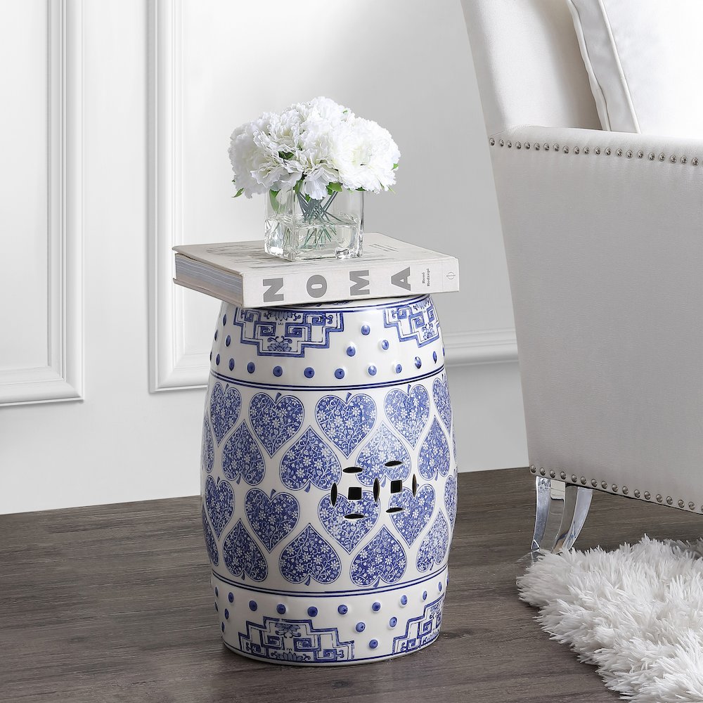 Happy Hearts 17.75" Blue and White Floral Chinoiserie Ceramic Drum Garden Stool. Picture 1