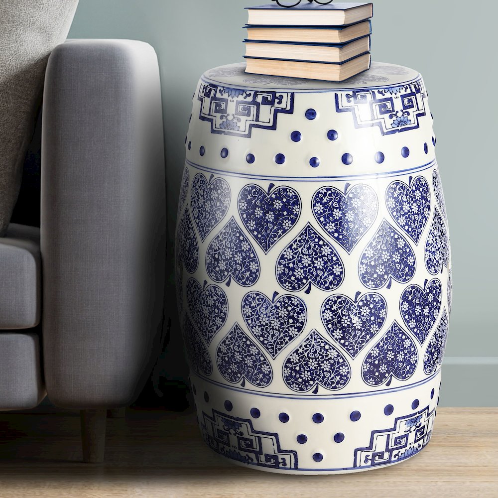 Happy Hearts 17.75" Blue and White Floral Chinoiserie Ceramic Drum Garden Stool. Picture 2