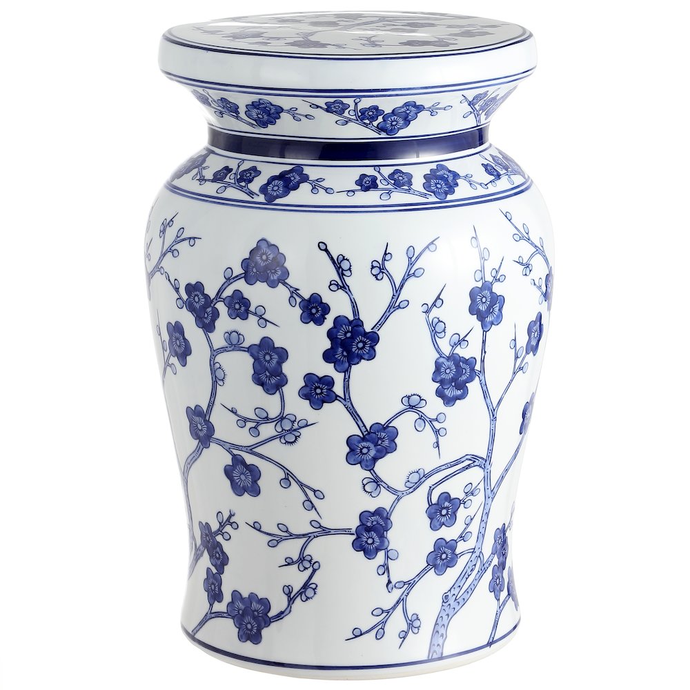 Cherry Blossom 18" Blue and White Chinoiserie Floral Ceramic Garden Stool. Picture 3
