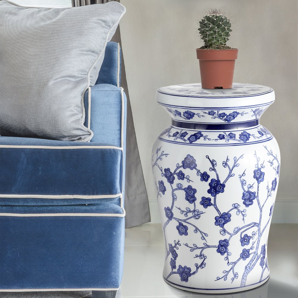 Cherry Blossom 18" Blue and White Chinoiserie Floral Ceramic Garden Stool. Picture 2