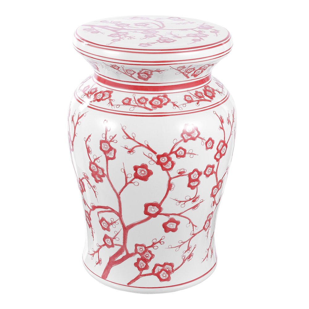 Cherry Blossom 18" Red and White Chinoiserie Floral Ceramic Garden Stool. Picture 1