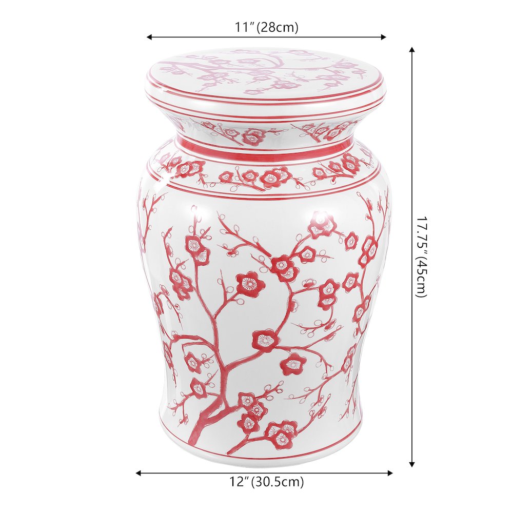 Cherry Blossom 18" Red and White Chinoiserie Floral Ceramic Garden Stool. Picture 3