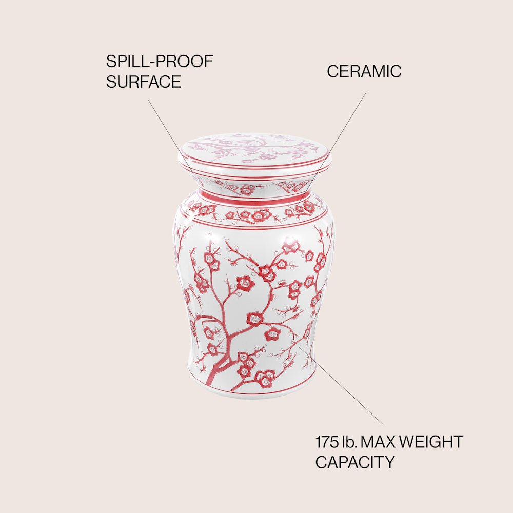 Cherry Blossom 18" Red and White Chinoiserie Floral Ceramic Garden Stool. Picture 4