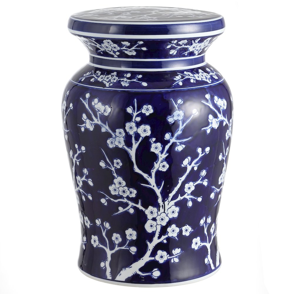 Cherry Blossom Classic 17.75" Blue and White Ceramic Garden Stool. Picture 3