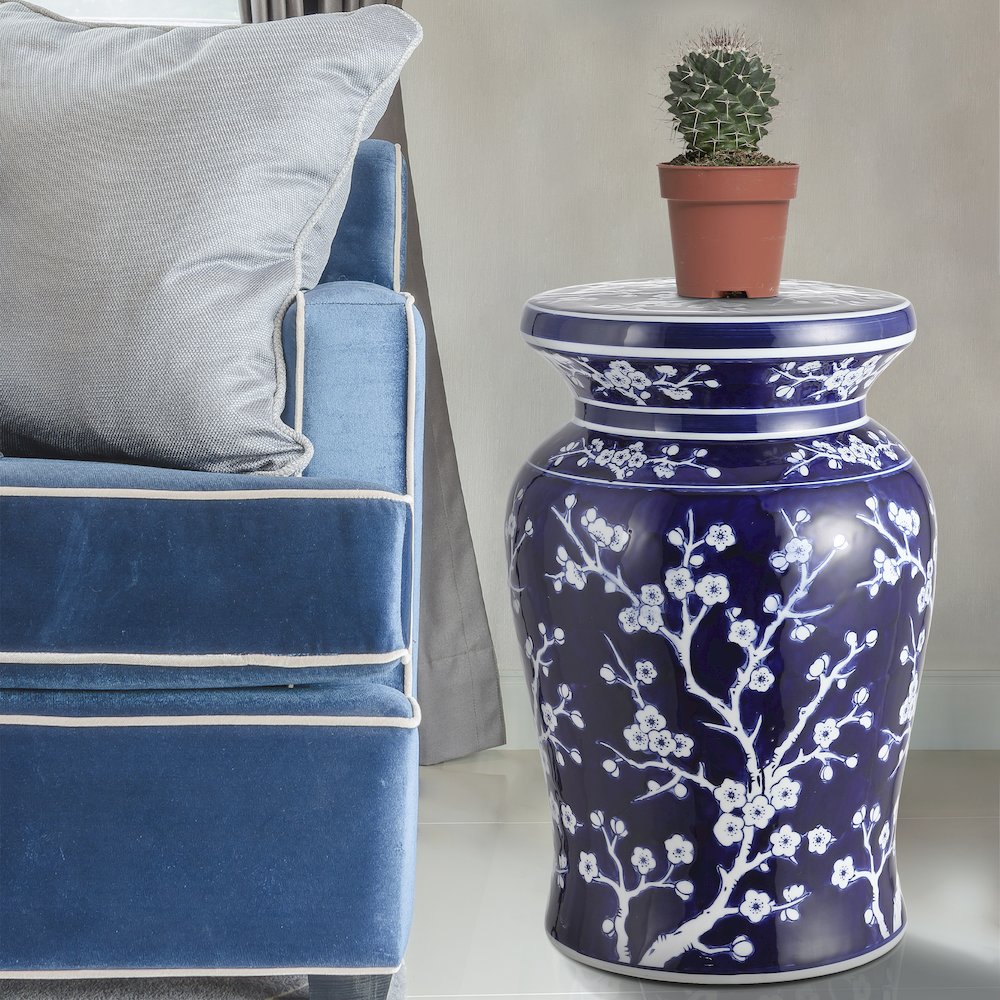 Cherry Blossom Classic 17.75" Blue and White Ceramic Garden Stool. Picture 2
