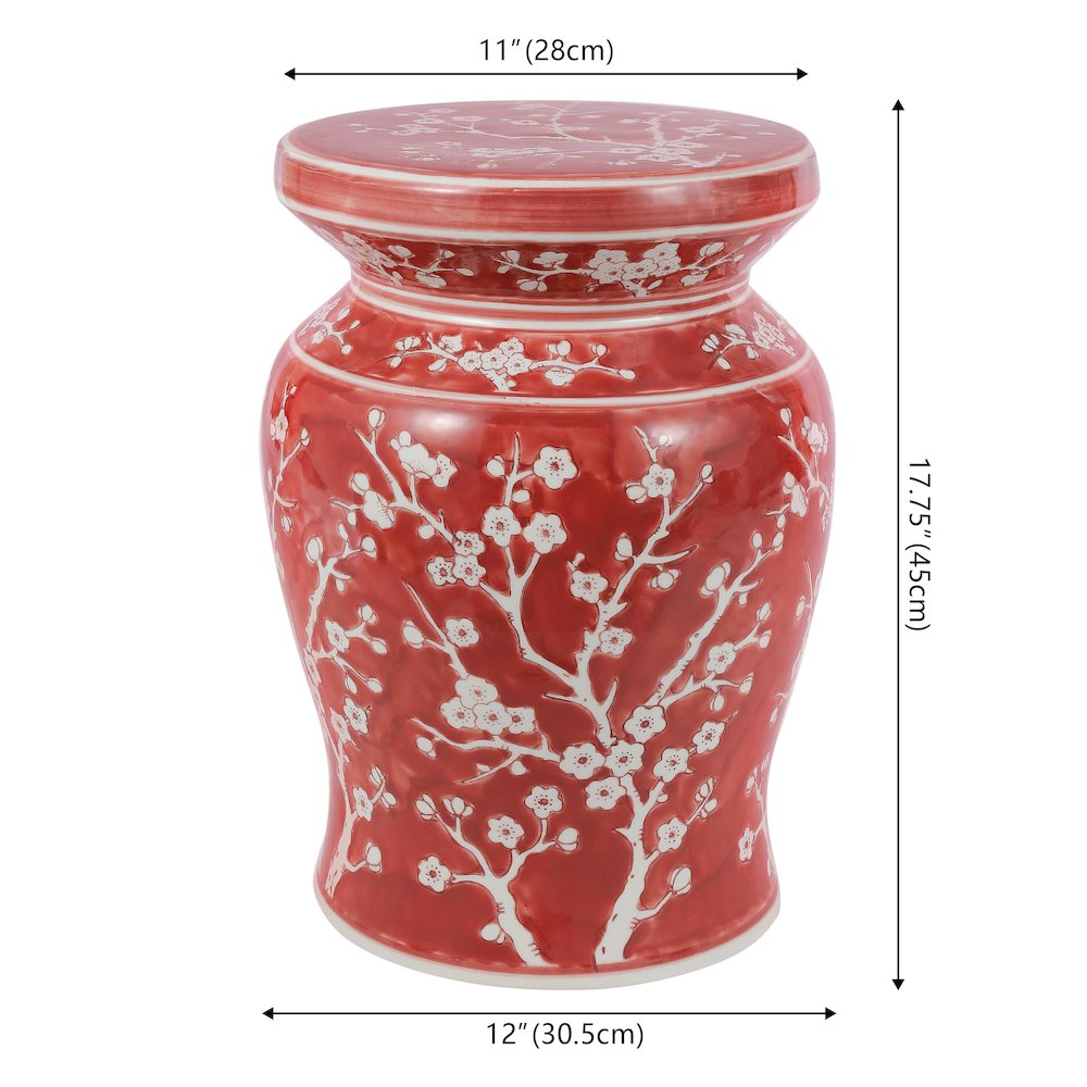 Cherry Blossom Classic 17.75" Red and White Ceramic Garden Stool. Picture 3