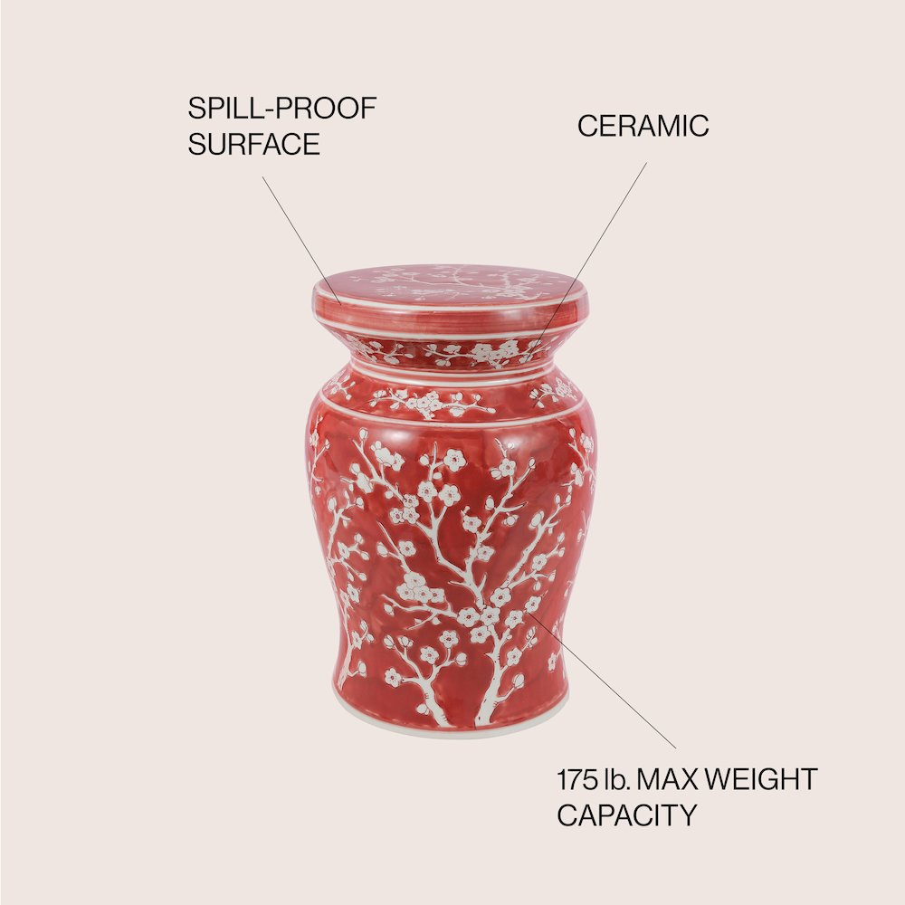 Cherry Blossom Classic 17.75" Red and White Ceramic Garden Stool. Picture 4