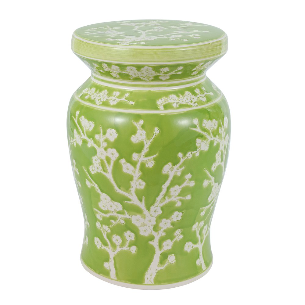 Cherry Blossom Classic 17.75" Green and White Ceramic Garden Stool. Picture 1