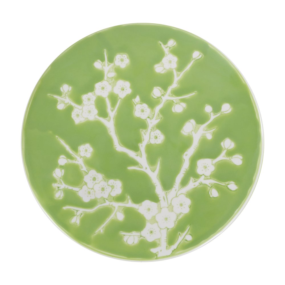 Cherry Blossom Classic 17.75" Green and White Ceramic Garden Stool. Picture 2