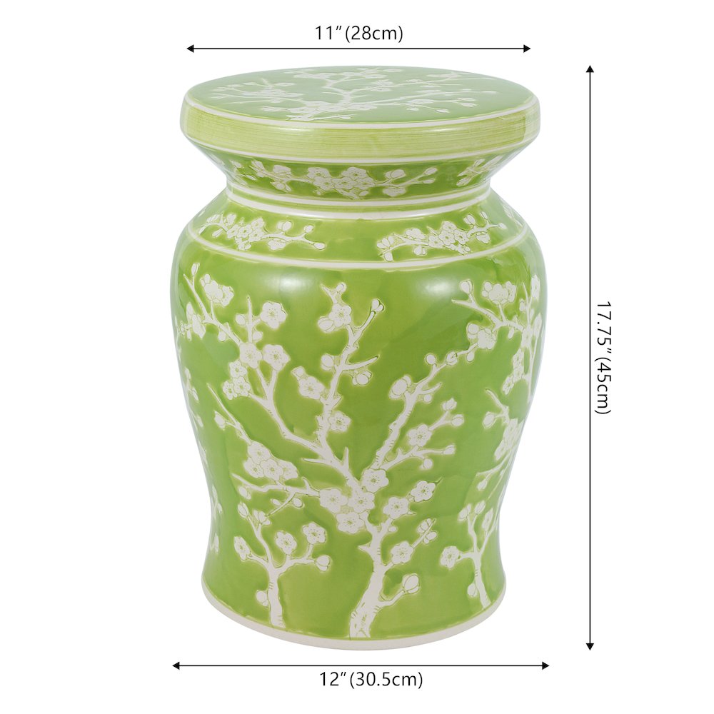 Cherry Blossom Classic 17.75" Green and White Ceramic Garden Stool. Picture 3