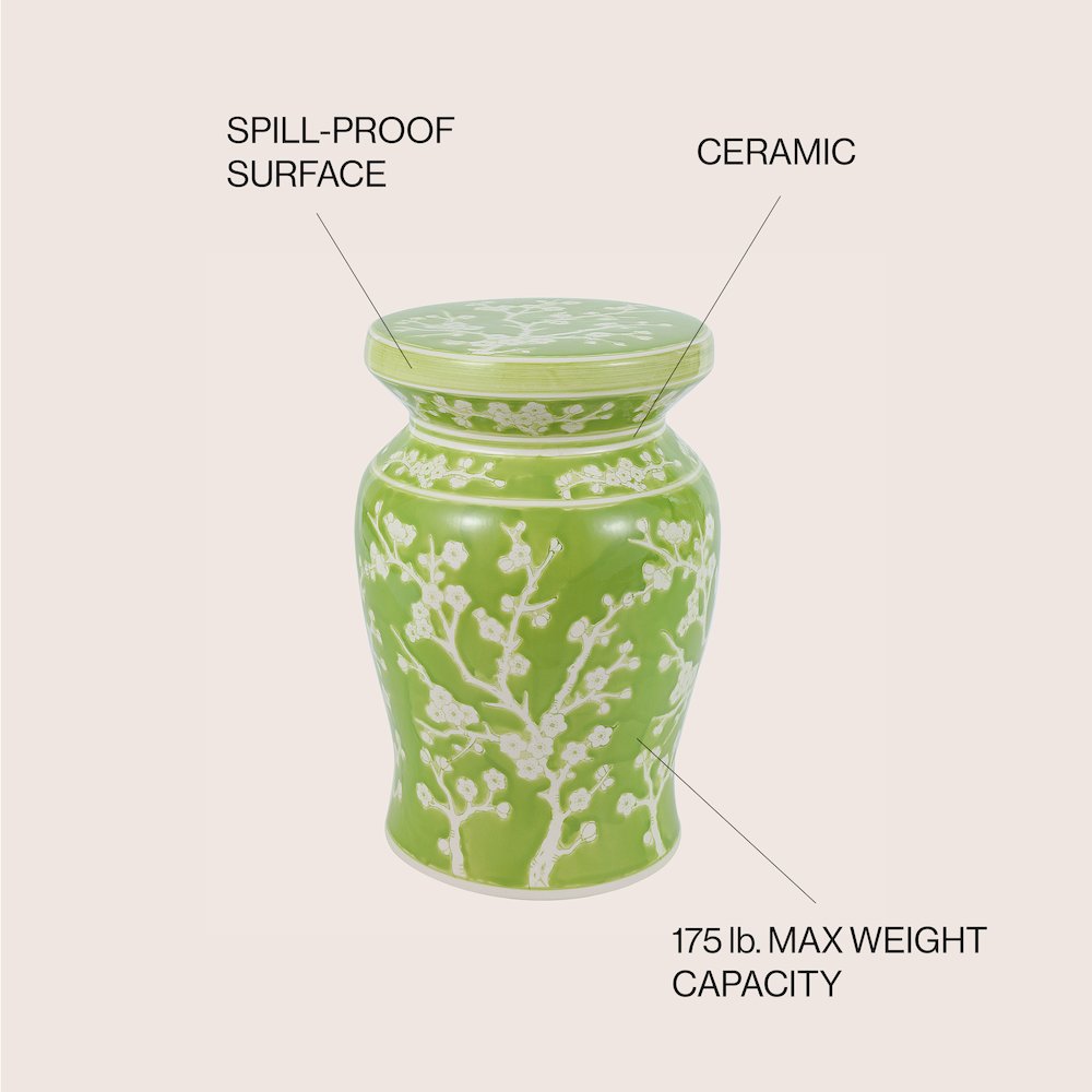 Cherry Blossom Classic 17.75" Green and White Ceramic Garden Stool. Picture 4