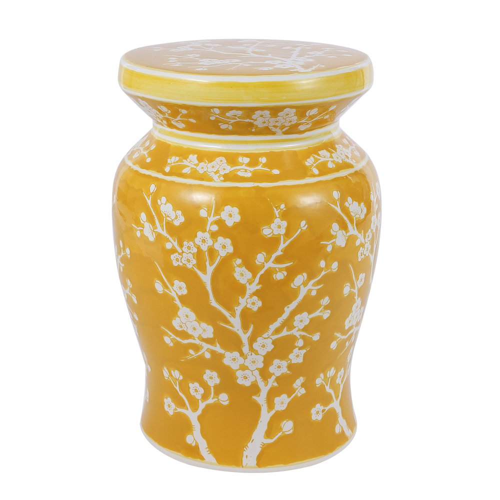 Cherry Blossom Classic 17.75" Yellow and White Ceramic Garden Stool. Picture 1
