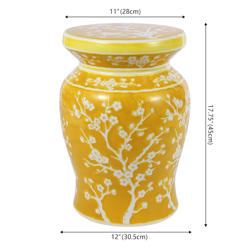 Cherry Blossom Classic 17.75" Yellow and White Ceramic Garden Stool. Picture 3
