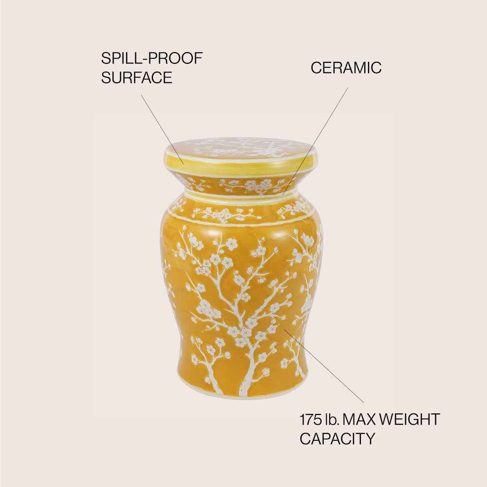 Cherry Blossom Classic 17.75" Yellow and White Ceramic Garden Stool. Picture 4