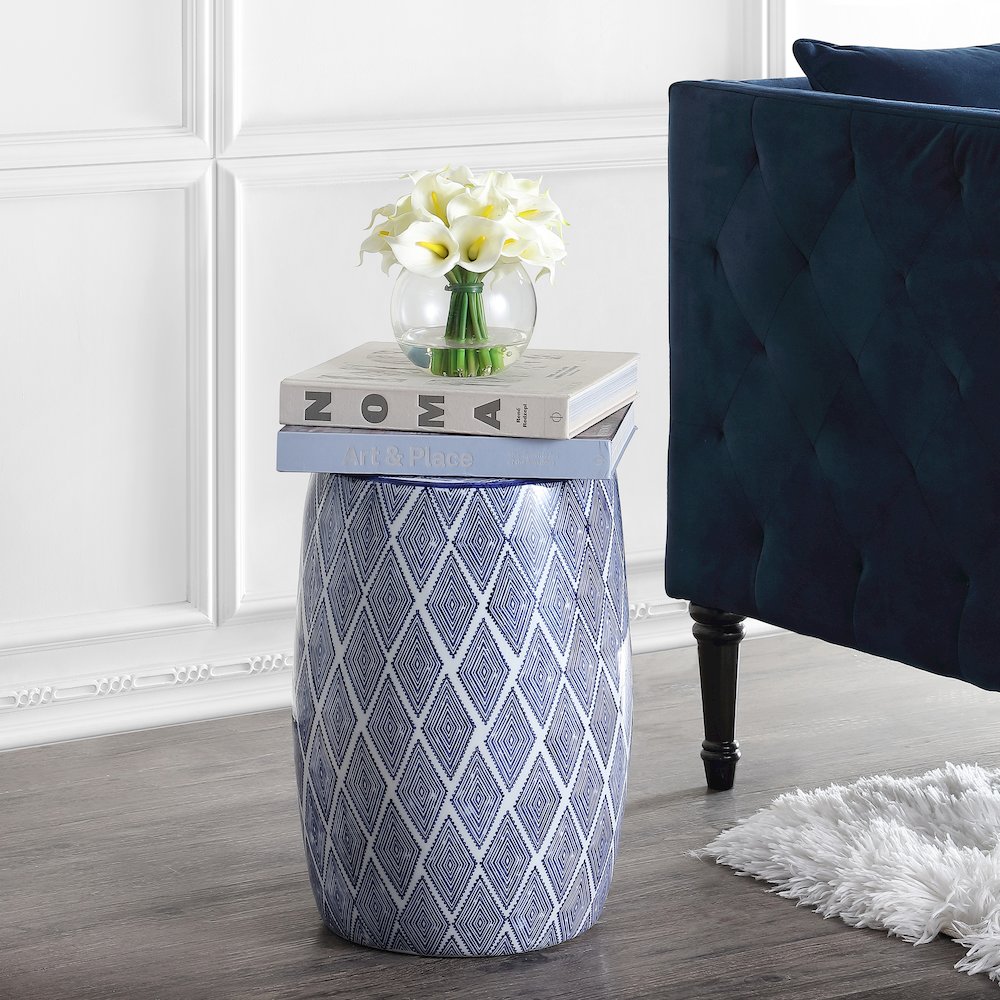 Moroccan Diamonds Ceramic Drum Garden Stool. Picture 1