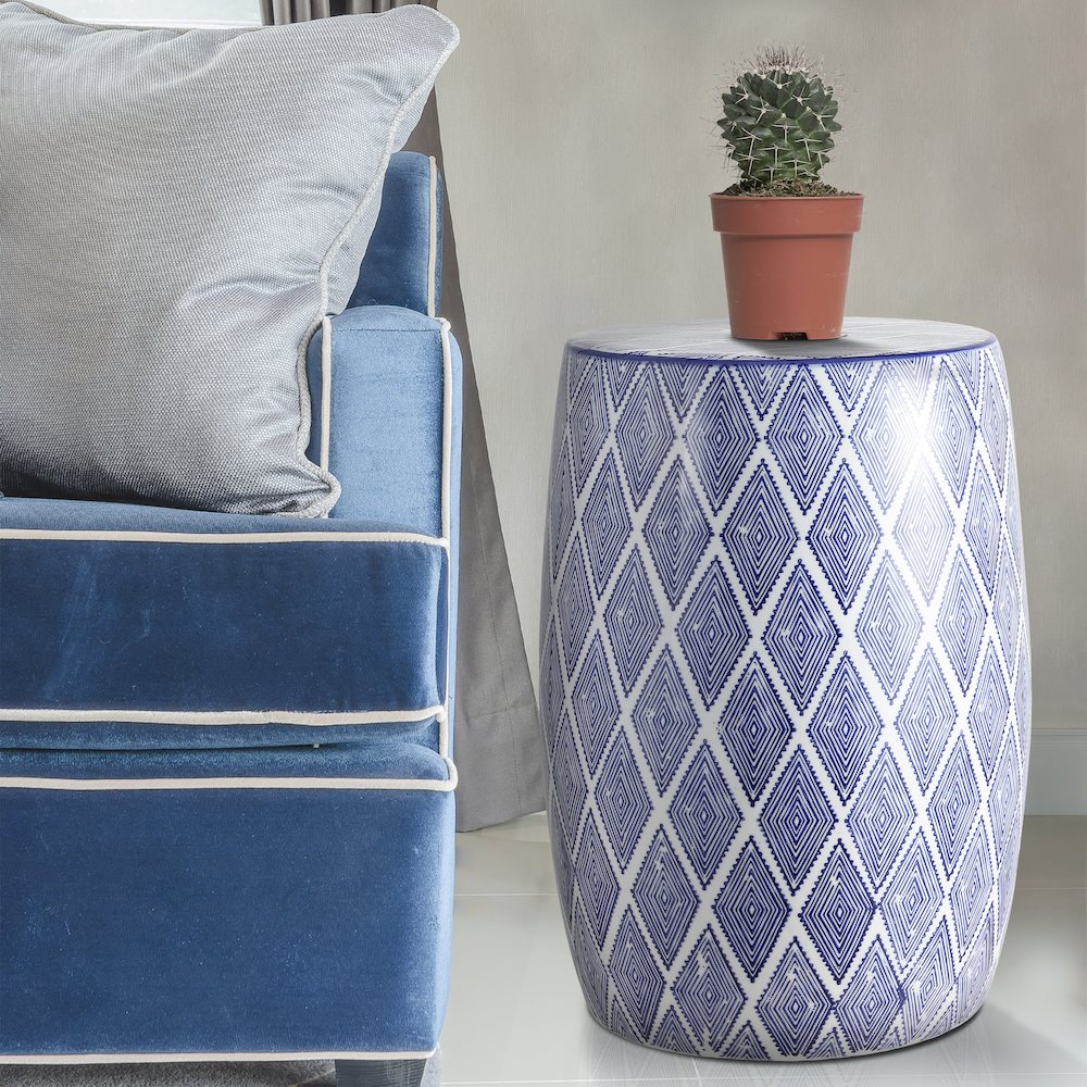 Moroccan Diamonds Ceramic Drum Garden Stool. Picture 2