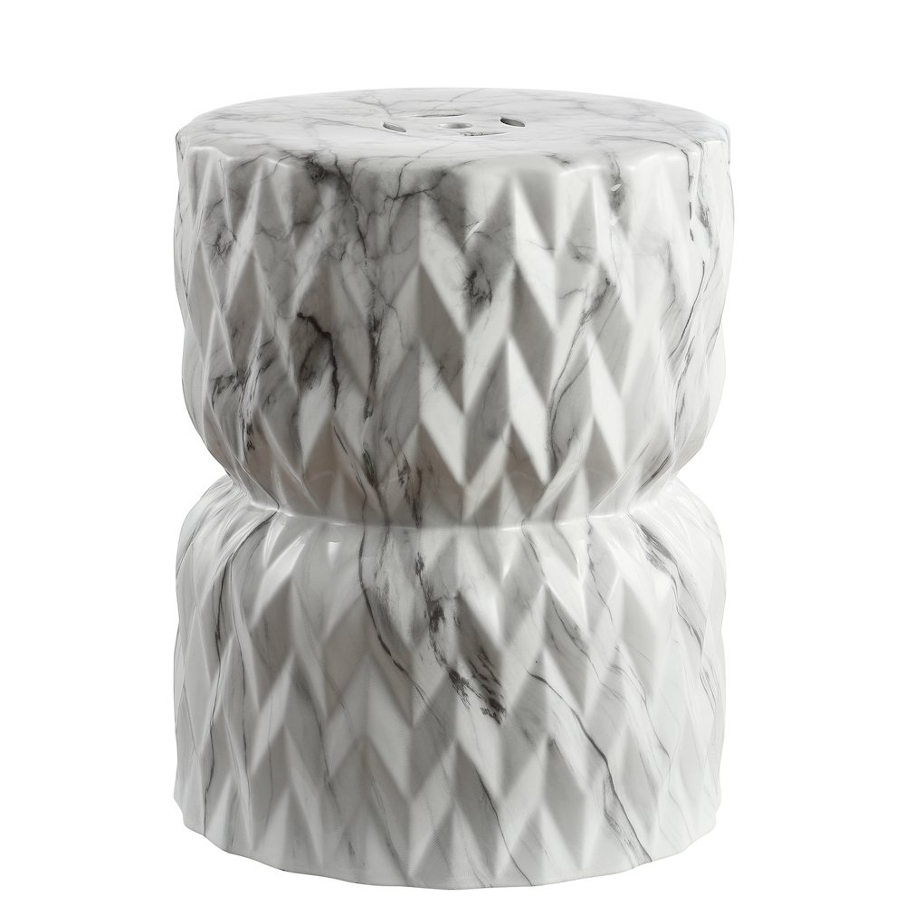 Chevron Drum 17.5" Traditional White Marble Finish Ceramic Drum Garden Stool. Picture 3