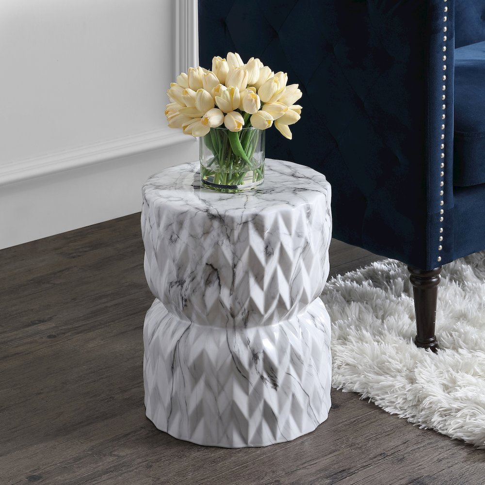 Chevron Drum 17.5" Traditional White Marble Finish Ceramic Drum Garden Stool. Picture 1