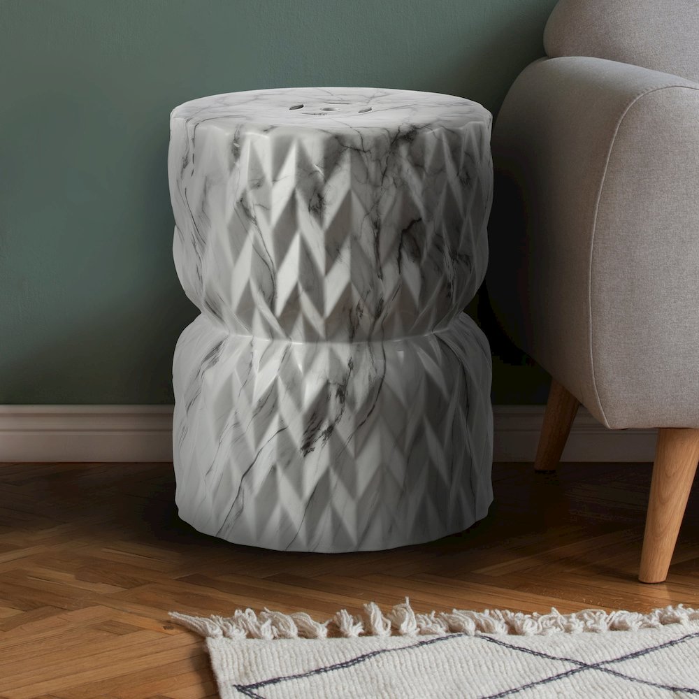 Chevron Drum 17.5" Traditional White Marble Finish Ceramic Drum Garden Stool. Picture 2