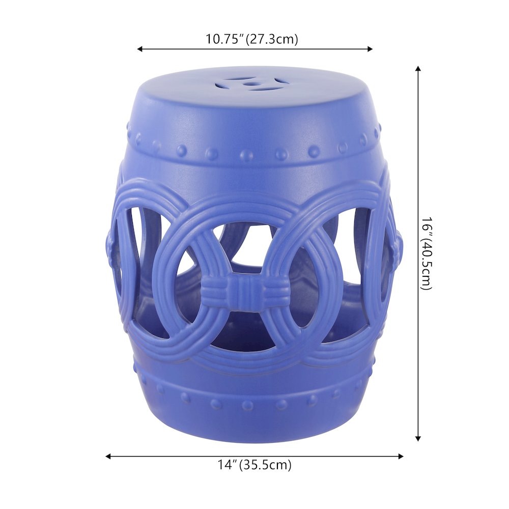 Lucky Coins 16" Matte Blue Ceramic Cutout Interlocking Rings Drum Garden Stool. Picture 4